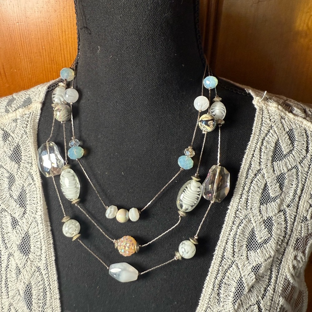 Multi-Strand Glass Bead Illusion Necklace – Opalescent & Clear Beads